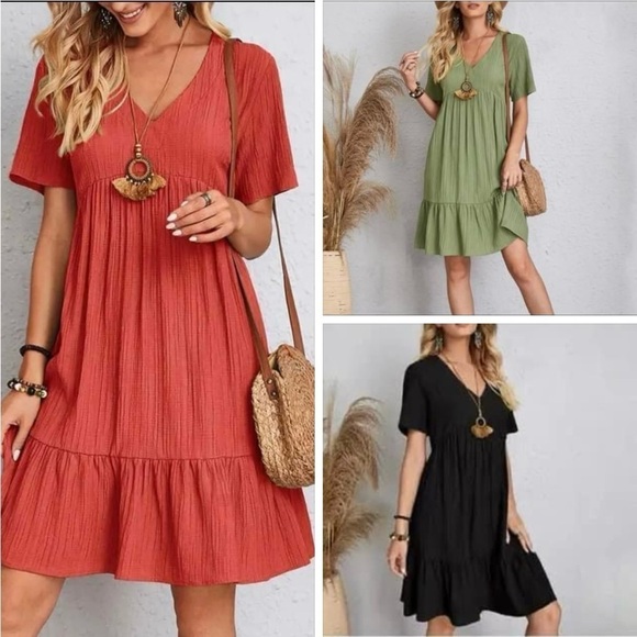 NWT Boho S,M,L Midi Summer/Fall A-line short sleeve dress. Dk Orange/Red - Picture 4 of 4